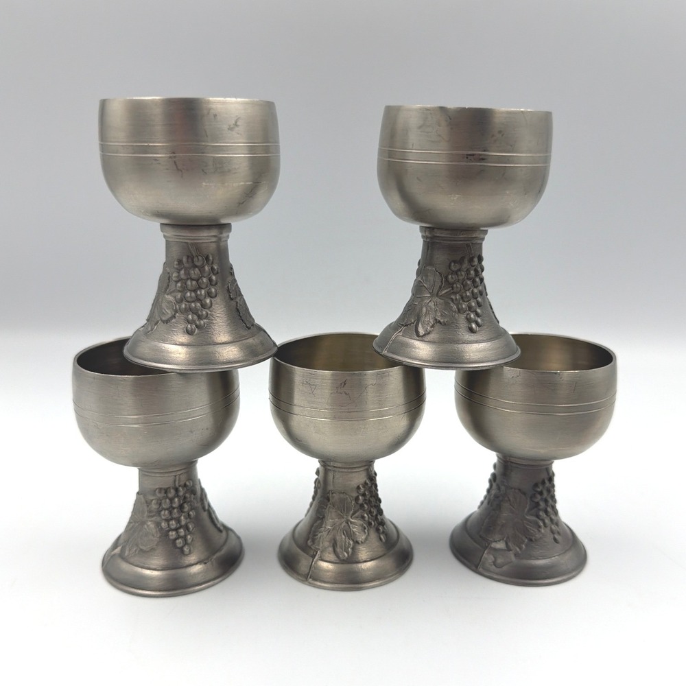 Set of 6 Zinn 94% Pewter Harvest Grape Vine Cordial Goblets Small Chalices